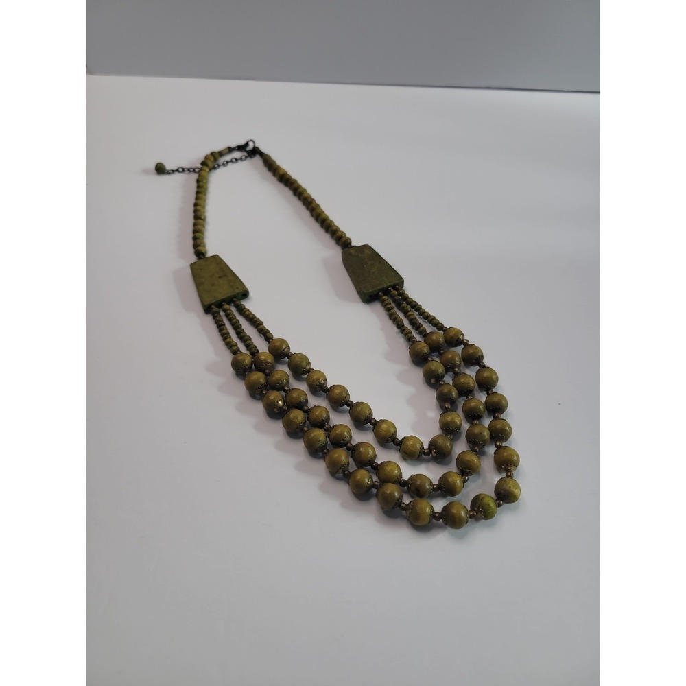 Green Multi Strand Beaded Necklace Olive Statement Boho Tribal Style Jewelry - Picture 7 of 9